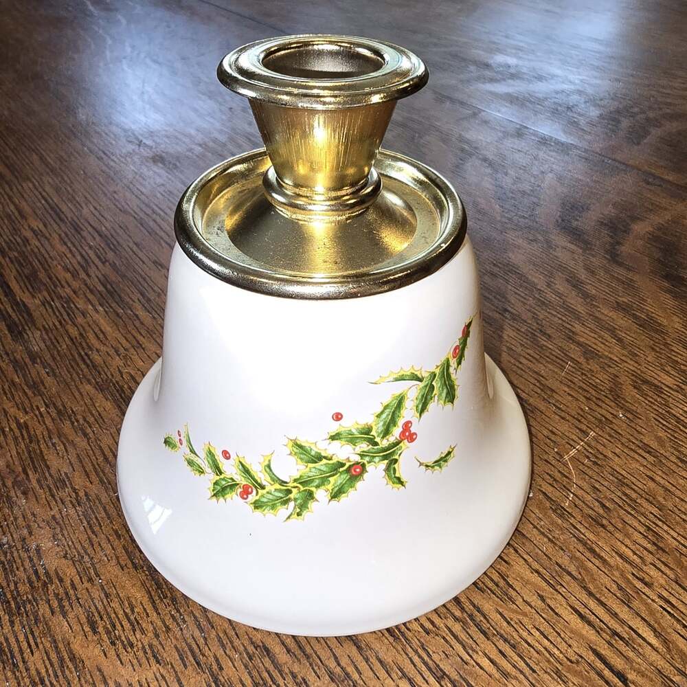 Vintage Teleflora Christmas Holly Candle Holder Made in Korea Ceramic Brass Bell